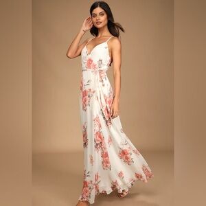 LULUS Elegantly Inclined Cream Floral Print Wrap Maxi Dress